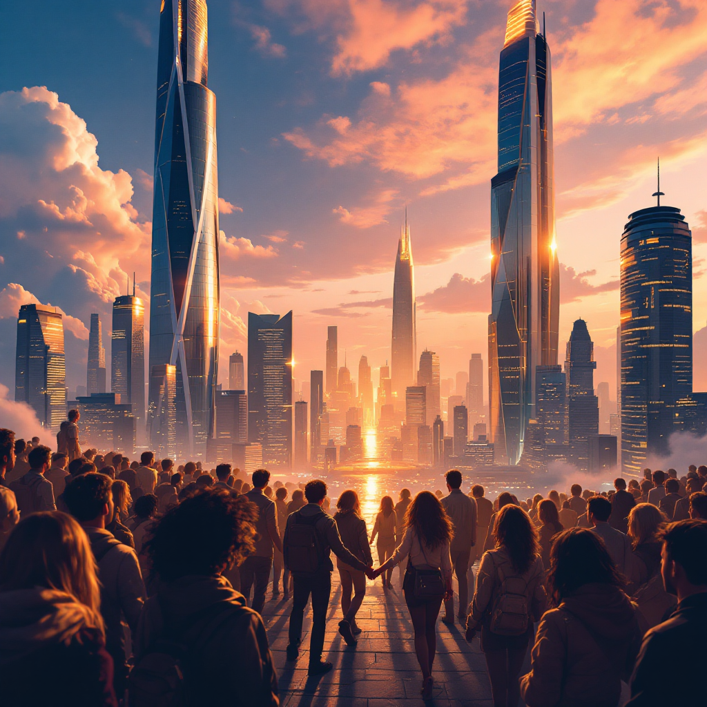 A crowd of diverse individuals stands in a futuristic cityscape at sunset, symbolizing collective action shaping a hopeful future, as vibrant towers rise against a glowing sky.