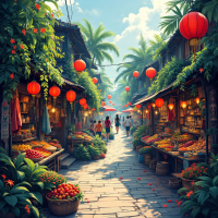 A vibrant market street bustling with people, framed by lush greenery and adorned with red lanterns, evokes the essence of exploring unimagined places.