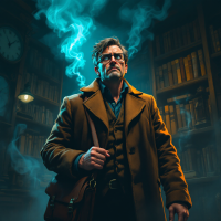 A tense man in a brown coat stands in a dimly lit, book-filled library, smoke swirling around him, embodying the quote, The man who knows too much is in trouble.