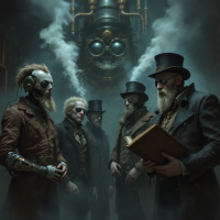 A group of five steampunk-inspired figures stands in a smoky, dimly lit setting, examining an open book, symbolizing reflection on our shared human experience and mistakes.