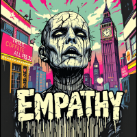 A stylized figure with a haunting expression stands amidst vibrant cityscape elements. The word EMPATHY dominates the foreground, reflecting themes of pain and connection.