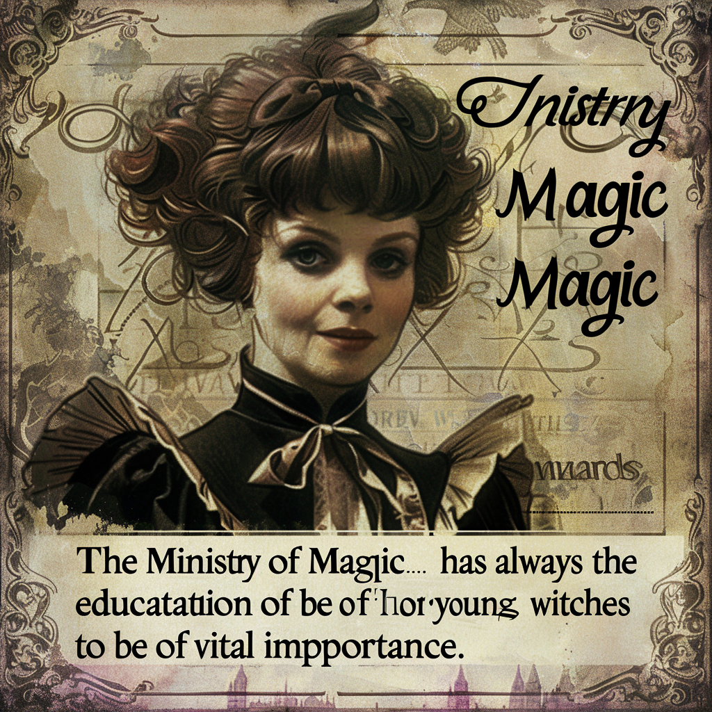 A vintage-style portrait of a witch with curly, voluminous hair and elaborate attire, accompanied by the text, The Ministry of Magic has always considered the education of young witches to be of vital importance.