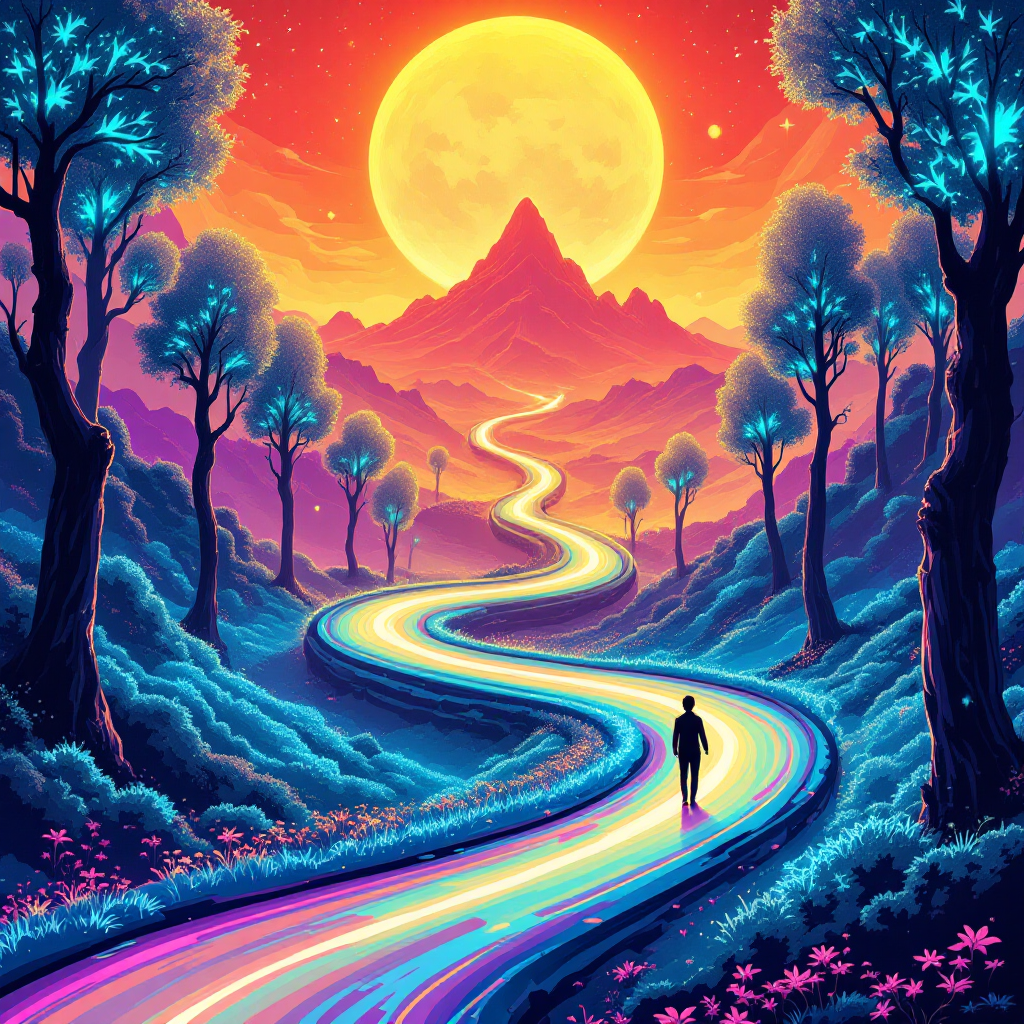 A winding, colorful path stretches towards a vibrant sunset, surrounded by trees and mountains, embodying the twists and turns of life's unexpected journey home.