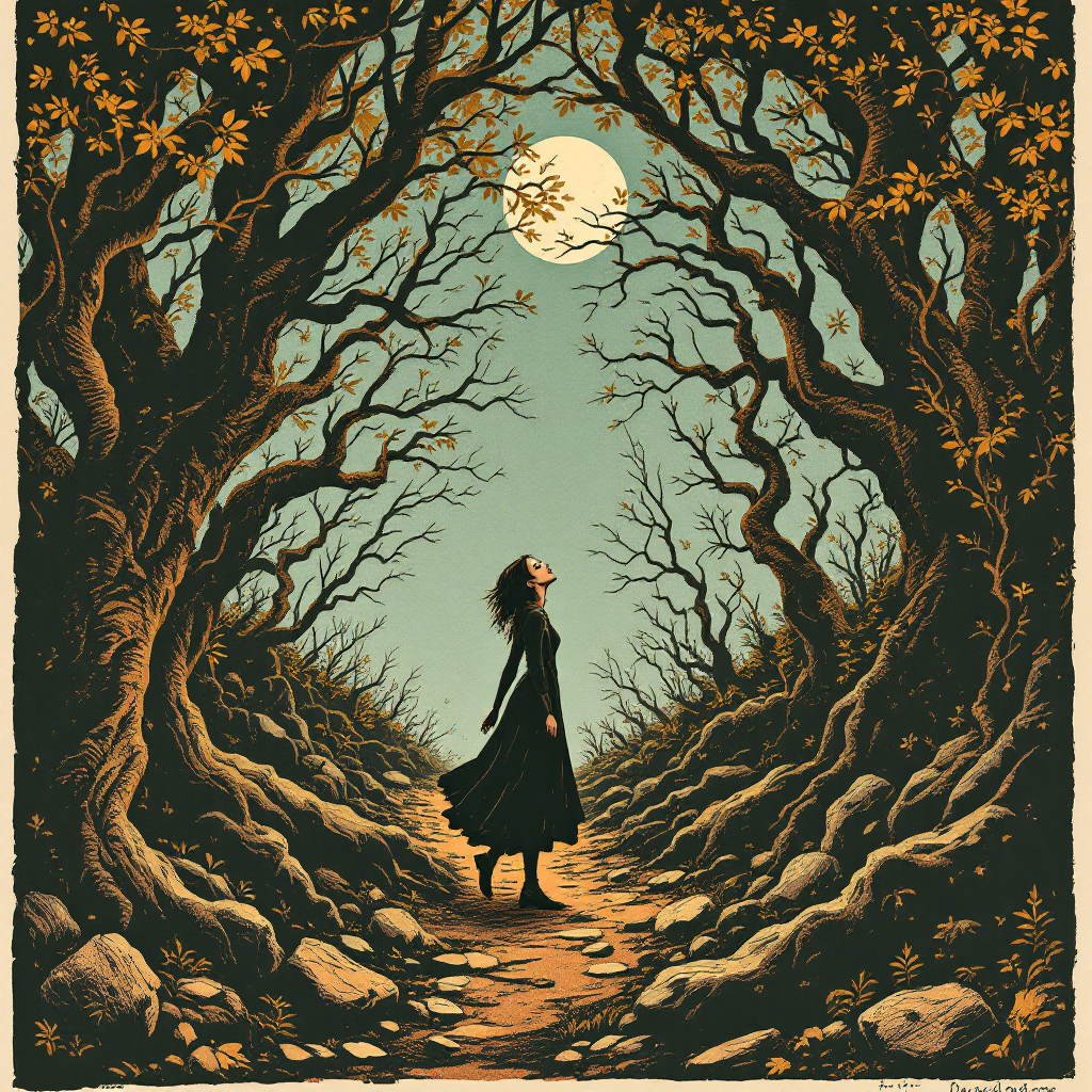 A figure in a black dress stands on a rocky path, gazing up at a full moon through twisted trees, embodying the journey through confusion and the search for clarity.