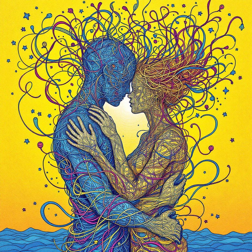 A vibrant illustration of two figures embracing, with colorful swirling lines representing their interconnectedness against a bright yellow background.