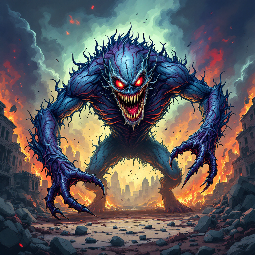 A monstrous creature, with glowing red eyes and spiky blue fur, emerges from a fiery, devastated landscape, embodying the quote, I have become the monster that I was born to fear.