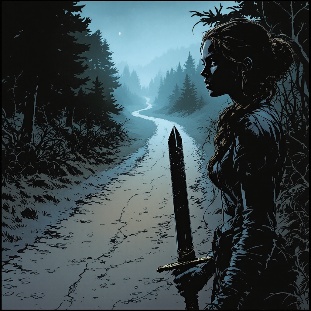 A silhouetted figure stands with a sword, gazing down a winding, misty path through dark trees, embodying the theme of difficult choices leading to impactful outcomes.