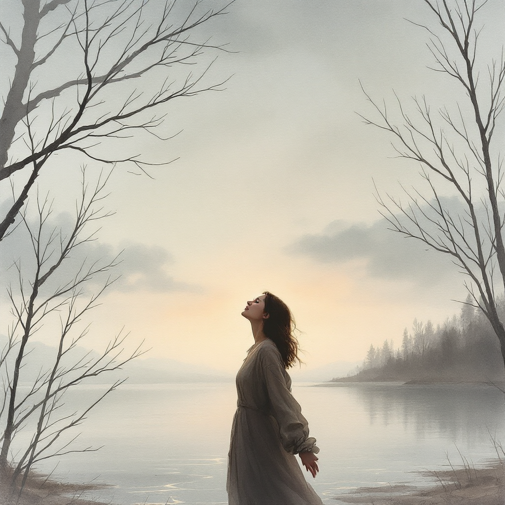 A woman stands by a tranquil lake at dawn, gazing upward with a tranquil expression, surrounded by bare trees, embodying the coexistence of joy and pain in creation and life.