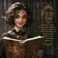 A young witch with curly hair reads an ornate book in a magical library, accompanied by text emphasizing the Ministry of Magic's dedication to the education of young witches and wizards.