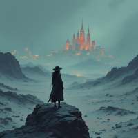 A figure stands on a rocky outcrop, gazing at a distant, glowing castle surrounded by misty mountains, embodying the duality of isolation as both sanctuary and prison.