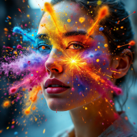 A woman’s face is adorned with vibrant splashes of color, representing a mosaic of choices that reflect her journey of becoming. Dynamic hues burst around her, illustrating transformation.