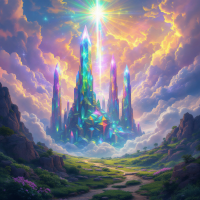 A radiant crystal castle rises amid vibrant clouds and a colorful sky, embodying gratitude and beauty, inspired by the quote, You have done me a great service, which I cannot ever repay.