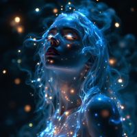 A luminous figure with flowing hair is surrounded by glowing particles and ethereal wisps, embodying the power within, as if awakening to hidden strength and magic.