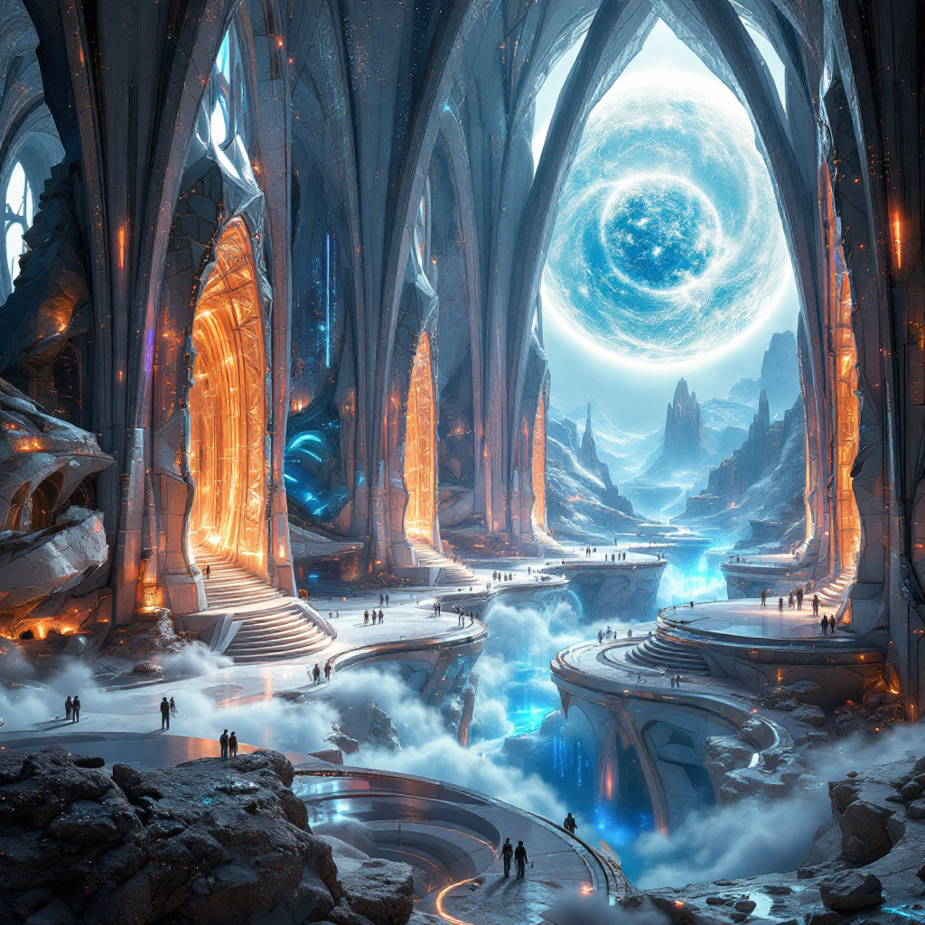 A vast, futuristic hall with towering arches and glowing crystals, overlooking a vibrant blue planet through a large portal. Figures stand in awe, reflecting luxury planet building on Magrathea.