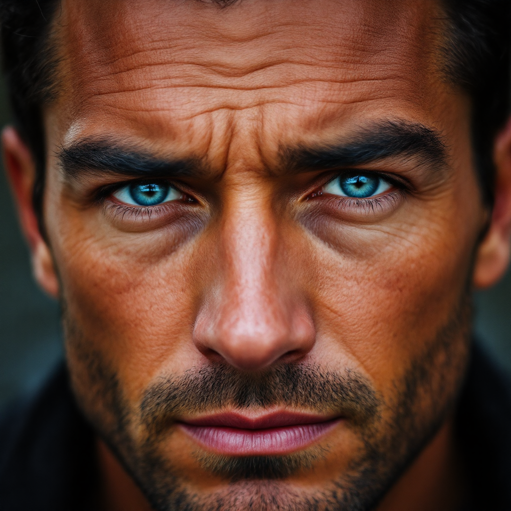 A close-up of a man with striking blue eyes and a serious expression, embodying the essence of desire and intensity, reflecting the quote about man's nature.