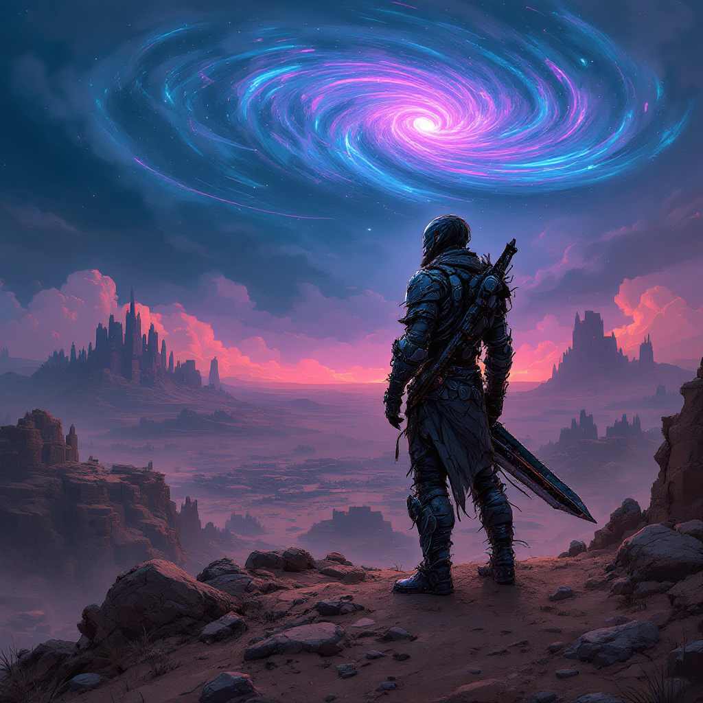 A lone figure in armor stands on a rocky outcrop, gazing at a swirling galaxy overhead, embodying the essence of resilience and contemplation toward an uncertain future.