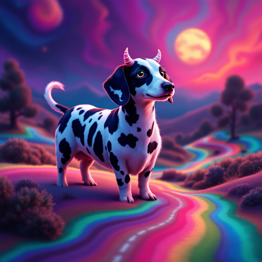 A whimsical dog with a playful expression stands on a vibrant, rainbow-colored path under a mystical sky, capturing a sense of joy intertwined with the lingering embrace of pain.