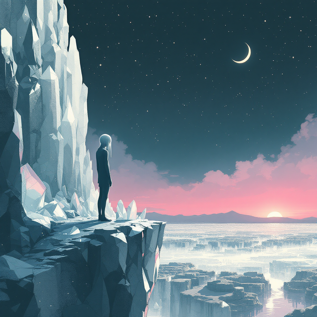 A figure stands atop a jagged cliff, gazing at a serene landscape with icy formations, under a starry sky and crescent moon as the sun rises, embodying heart-wrenching choices.