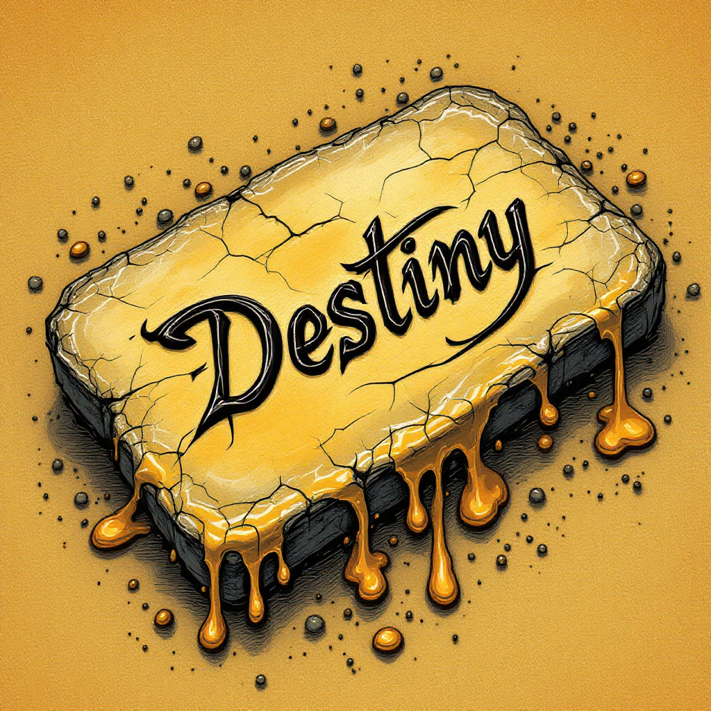 An artistic depiction of a cracked wax tablet with the word Destiny elegantly inscribed, surrounded by drips, symbolizing the fluidity and changeability of fate.