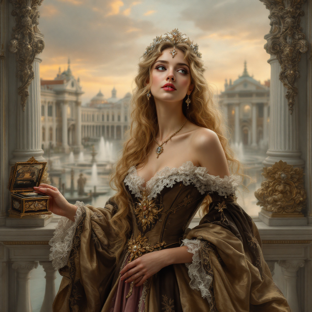 A regal woman in an ornate gown stands by a grand window, holding a small box and gazing thoughtfully out at a historical landscape, embodying the struggle to escape the past.