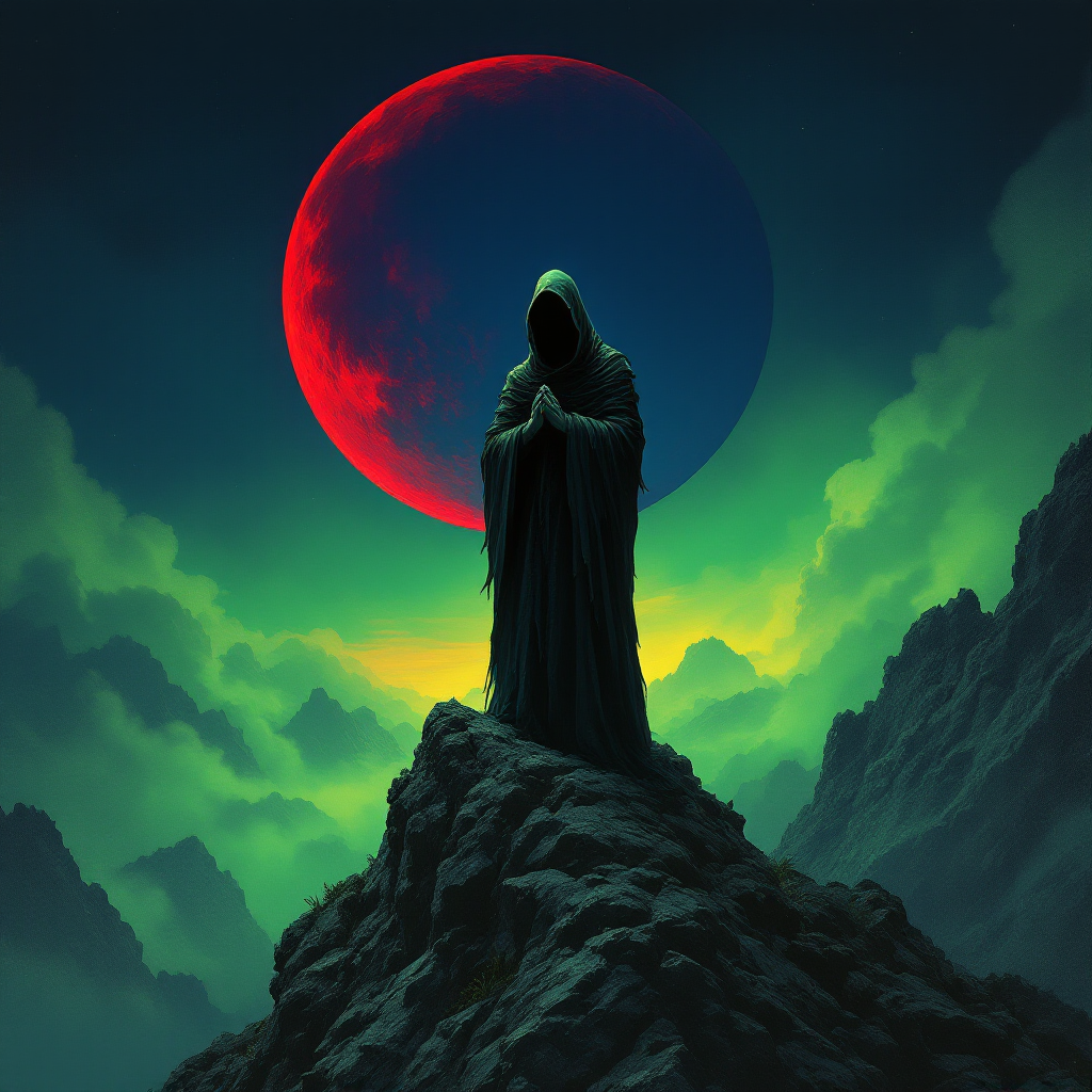 A cloaked figure stands atop a rocky peak, shrouded in shadows against a vibrant, eerie sky with a large red moon, illustrating the struggle between light and darkness.