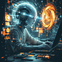 A cybernetic figure intensely focuses on a laptop, surrounded by glowing data interfaces and a swirling digital portal, embodying the essence of a grade-A webhead immersed in the unisphere.