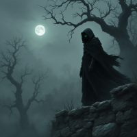 A cloaked figure stands atop a stone wall under a full moon, surrounded by eerie, leafless trees, embodying the quote about vulnerability and existence in shadows.