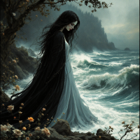 A figure in a flowing black and white gown stands on a rocky shore, facing turbulent waves, embodying the thrill and fear of embracing life's challenges.