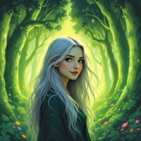 A young woman with long, flowing silver hair stands in a vibrant, enchanted forest, radiating a sense of wonder, embodying the quote: The stories we love best live in us forever.