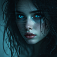 A close-up of a young woman with striking blue eyes and tousled dark hair, exuding an intense, emotive expression that reflects the essence of her heart.