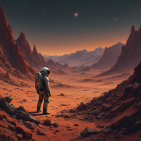 An astronaut stands alone in a vast, rocky landscape under a starry sky, embodying the legacy of humanity’s exploration and understanding among the stars.