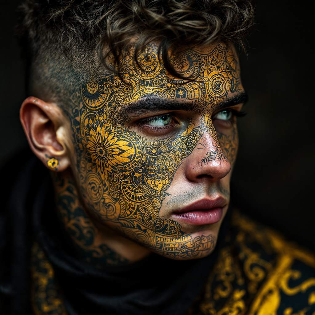 A young man with thick, curly fair hair has intricate golden tattoos covering his face, resembling the mask of an ancient Egyptian king, with striking blue eyes and a stylish outfit.