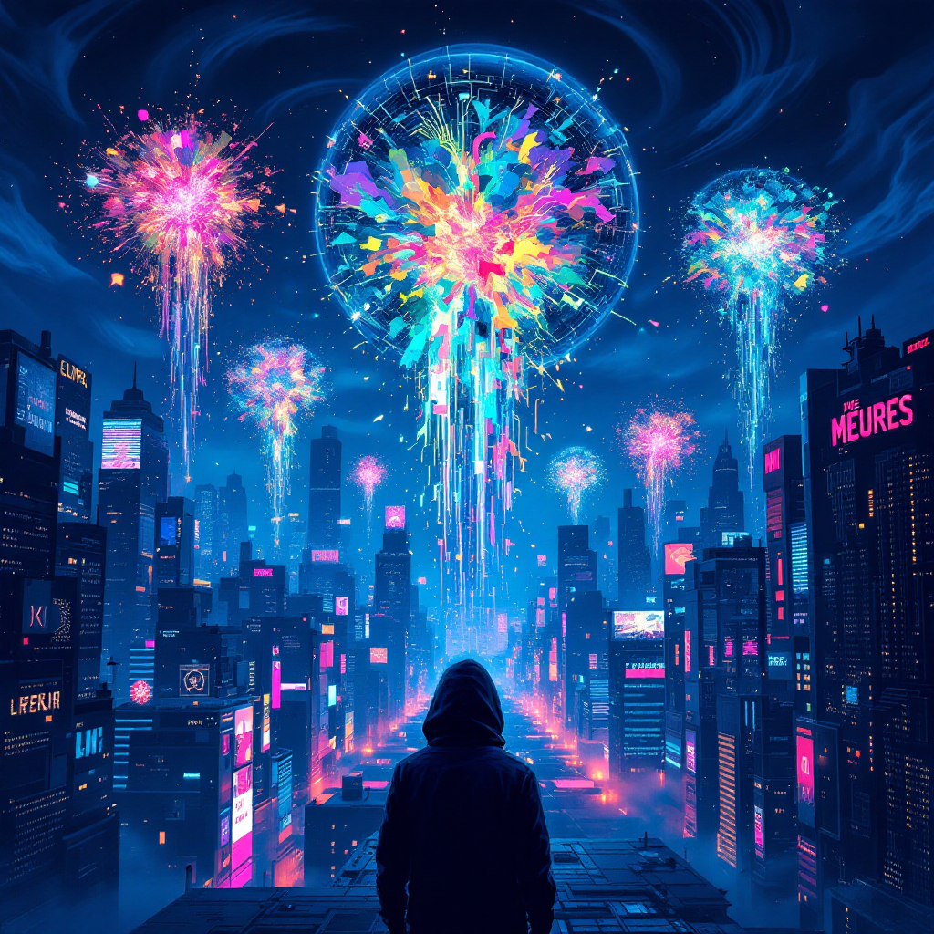 A figure in a hooded jacket gazes over a vibrant futuristic cityscape, illuminated by colorful explosions in the sky, symbolizing the clash of old and new truths.