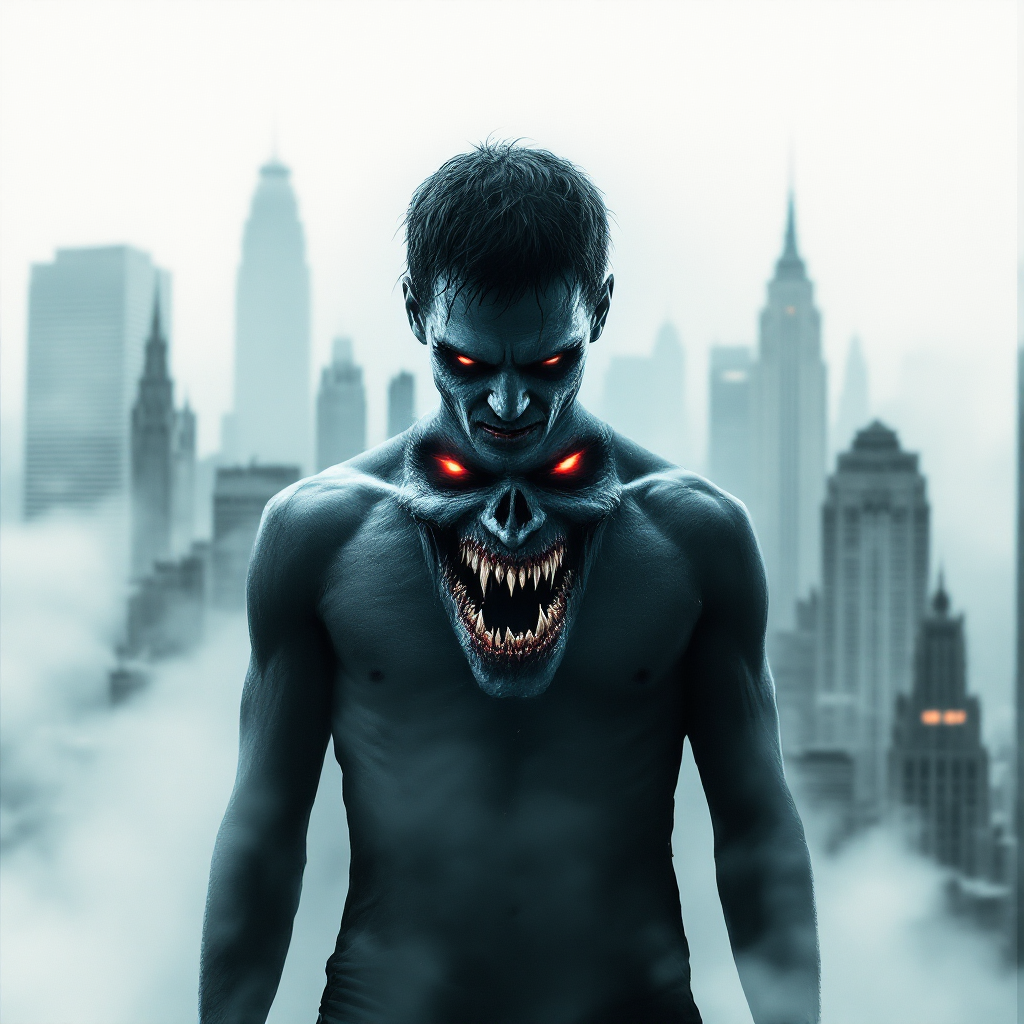 A figure stands in an urban setting, displaying a menacing grin with glowing red eyes and a monstrous mouth, embodying the quote Fear can make you believe in the unthinkable.