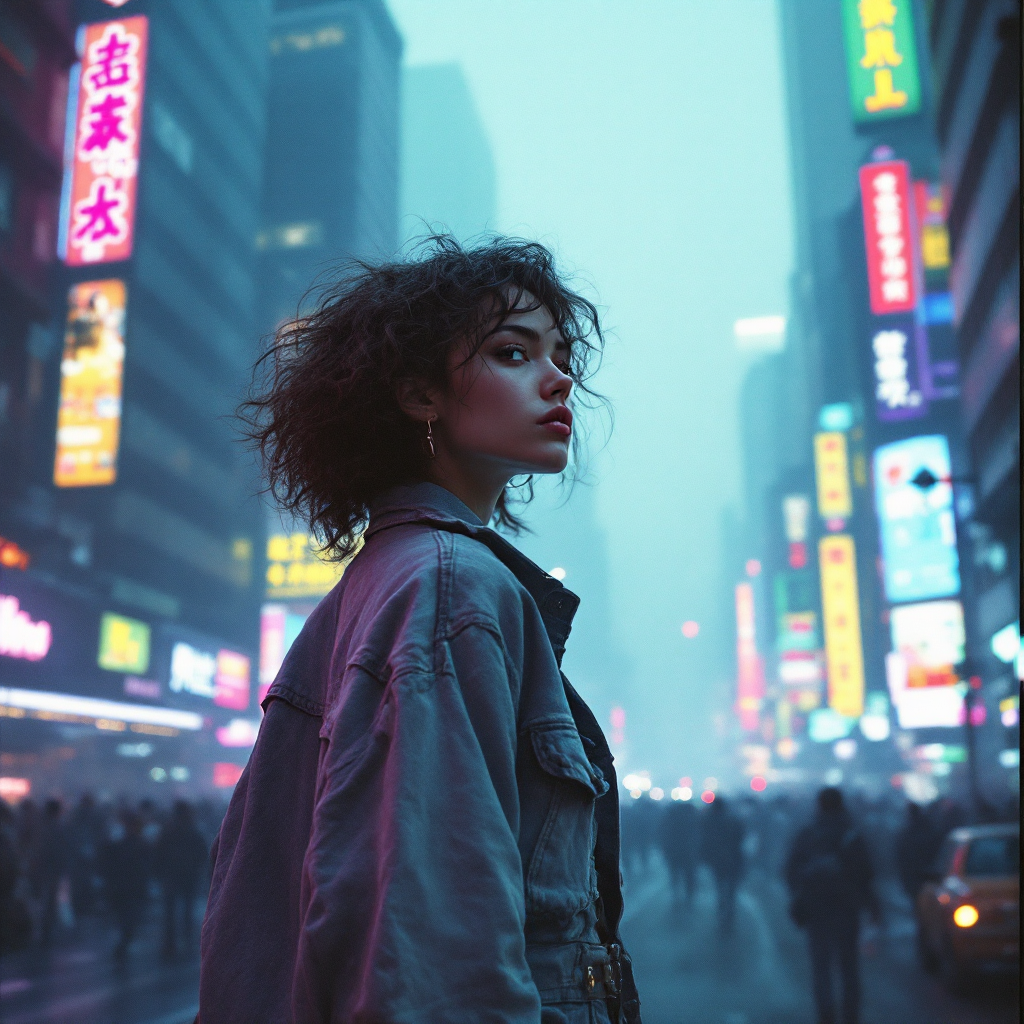 A woman with curly hair stands in a vibrant, neon-lit cityscape, gazing thoughtfully into the distance, embodying the essence of facing one's past amidst a bustling backdrop.