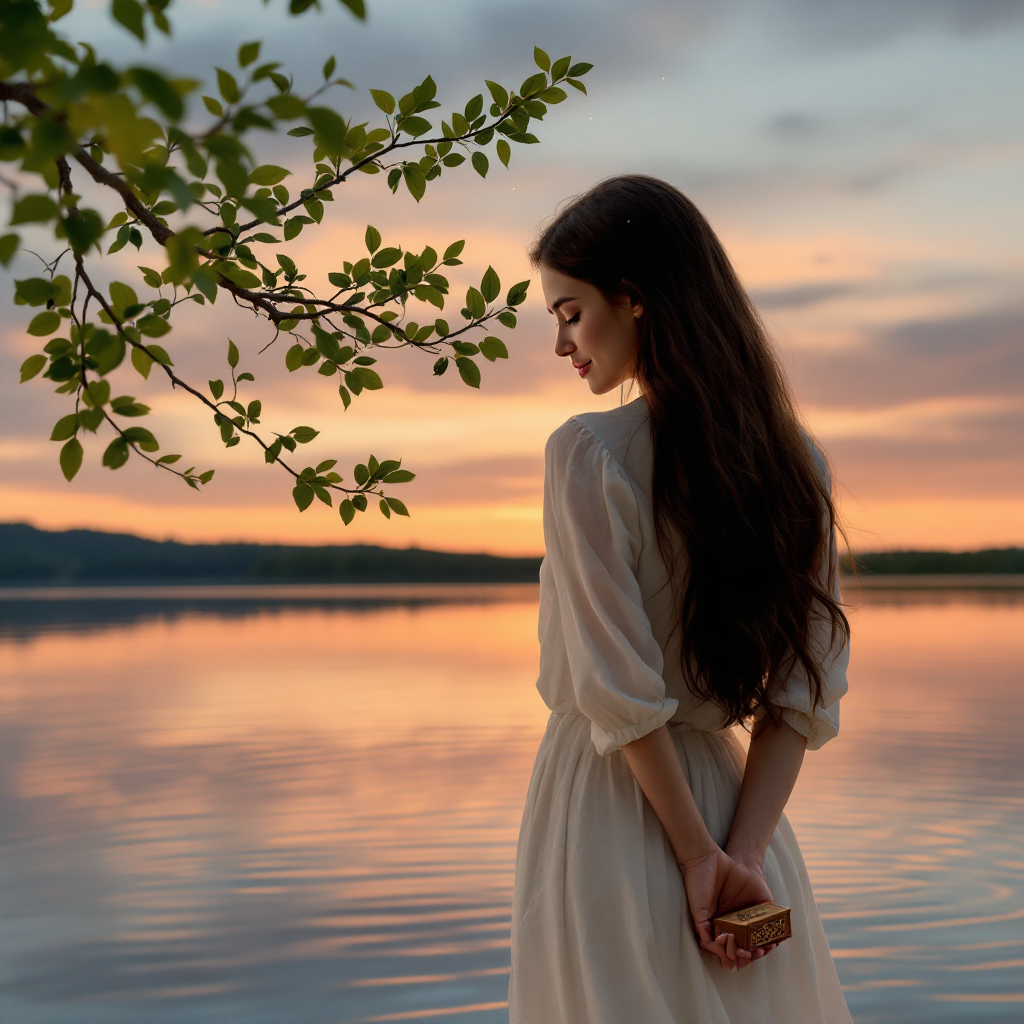 A young woman in a white dress stands by a serene lake at sunset, reflecting tranquility and contemplation as the sky glows with warm colors.