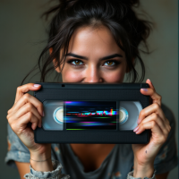 A smiling young woman holds an old VHS tape, featuring colorful visual data on the screen. The image reflects themes of identity and self-definition beyond conventional norms.