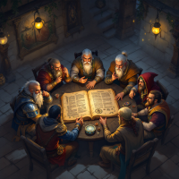 A group of eight bearded explorers gathered around a large book at a wooden table, deep in conversation, illuminated by soft lantern light in a stone-walled room.