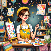 A cheerful artist in a vibrant studio, wearing a yellow beret and glasses, paints colorful designs on canvas surrounded by artwork and creative tools, embodying the essence of beauty in art.