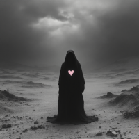 A cloaked figure stands alone in a desolate landscape, shrouded in darkness, with a glowing pink heart depicted on their chest, embodying vulnerability in an unkind world.