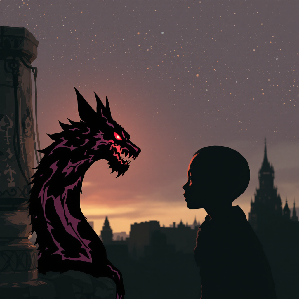 A silhouetted child stands before a menacing dragon against a twilight sky filled with stars, symbolizing the conflict between freedom and imposed happiness.