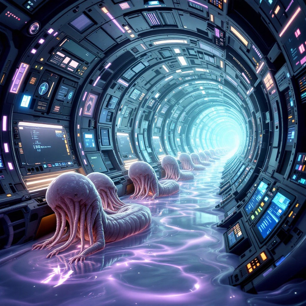 A futuristic ship's bridge, shaped like a inclined tube and half submerged in milky liquid, features worm-like aliens lounging among advanced instrumentation.