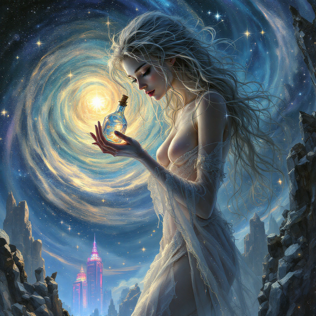 A ethereal figure holds a fragile glass vial, illuminated against a swirling galaxy, embodying the beauty and delicacy of hope. Rich cosmic colors enhance the dreamlike scene.