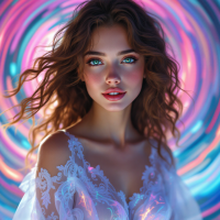 A woman with flowing hair and striking blue eyes gazes confidently at the viewer, surrounded by vibrant swirling colors, embodying the essence of making others desire what she seeks.