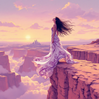 A woman in a flowing white dress stands confidently on a cliff's edge, overlooking a vast landscape of clouds and distant mountains, embodying the spirit of growth through risk.