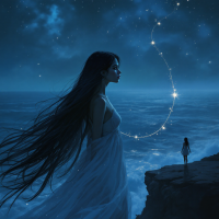 A serene scene featuring a woman in a flowing dress overlooking an ocean under a starry sky, embodying the intoxicating and terrifying essence of love.