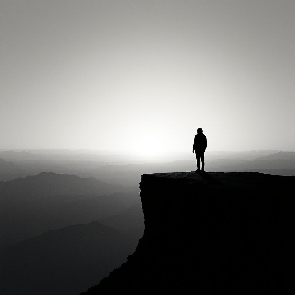 A solitary figure stands on a cliff's edge, gazing into a vast, misty landscape at dawn, embodying the quote, The hardest part about moving forward is not looking back.