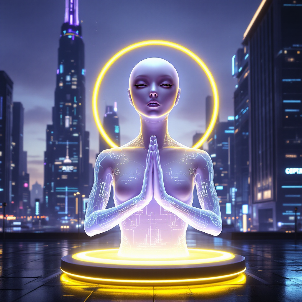 A futuristic figure with a serene expression, posed in a praying position, surrounded by a glowing halo, set against a vibrant city skyline, embodying wisdom over survival.