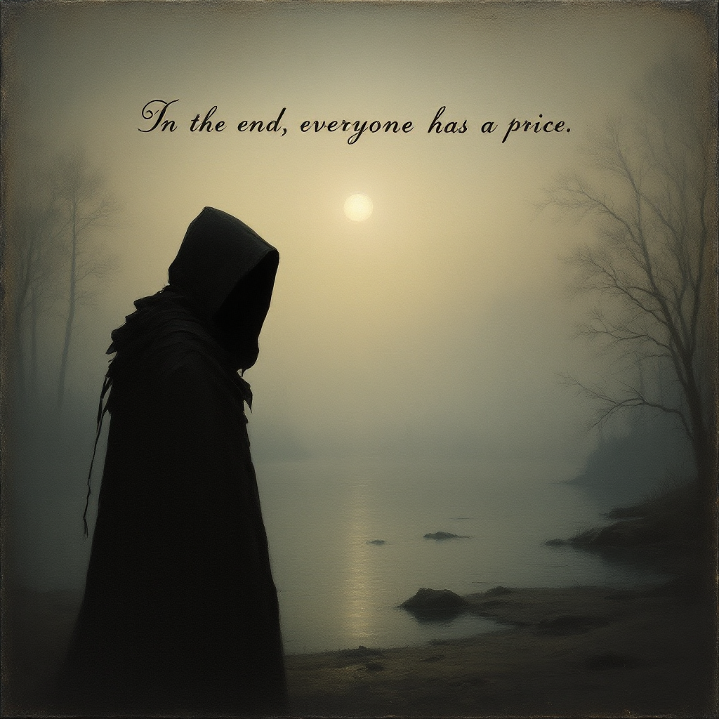 A shadowy figure in a dark cloak stands on a foggy shoreline, gazing at a misty landscape illuminated by a bright moon, with the quote In the end, everyone has a price above.