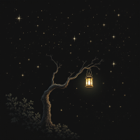 A solitary tree with a gnarled branch holds a glowing lantern, surrounded by a starry night sky, embodying the hope found even in darkness.